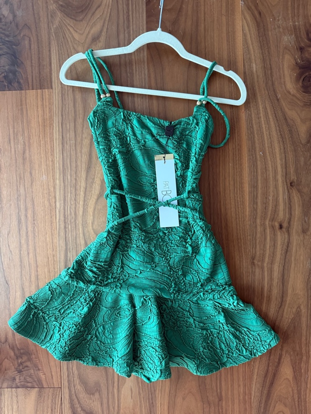 PatBO Emerald Textured Mini Dress with Ruffle Skirt